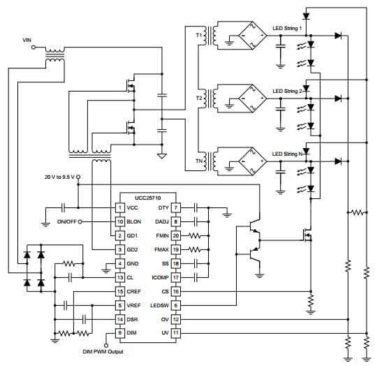 Typical Application Circuit for UCC25710 LLC Half-Bridge Controller for Multi-String LED Lighting