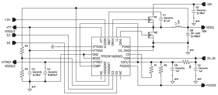 Typical Application D-CAP Mode Circuit for TPS59116 Complete DDR, DDR2 and DDR3 Memory Power Solution Synchronous Buck Controller, 3A LDO, Buffered Reference for Embedded Computing Systems