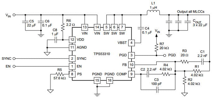 Typical 3.3V input Application Circuit Diagram for TPS53310 3A Step-Down Regulator with Integrated Switcher