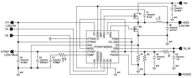 Typical Application Current Mode Circuit for TPS59116 Complete DDR, DDR2 and DDR3 Memory Power Solution Synchronous Buck Controller, 3A LDO, Buffered Reference for Embedded Computing Systems