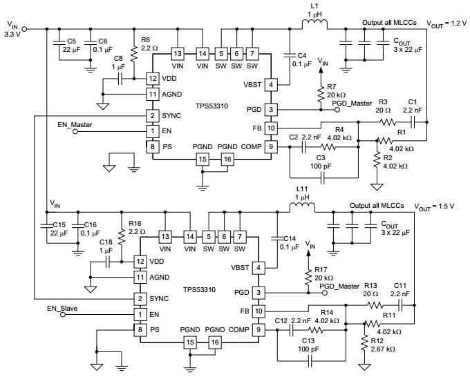 Typical Application Master/Slave Configuration Schematic for TPS53310 3A Step-Down Regulator with Integrated Switcher