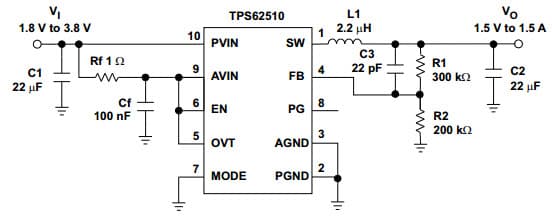 Typical Application Circuit of Adjustable Version Programmed to 1.5V for TPS62510 1.5A Low Vi High Efficiency Step-Down Converter