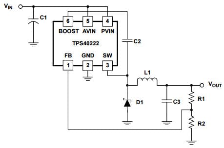 Typical Application Circuit for TPS40222, 1.6A, 1.25Mhz Buck Converter