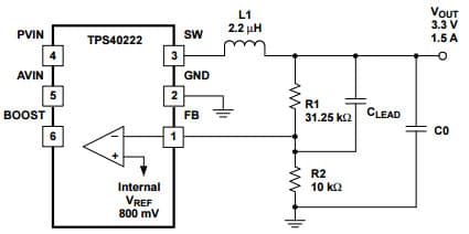 Typical Application Circuit for TPS40222, 1.6A, 1.25Mhz Output Stage Buck Converter