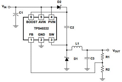 Typical Application Circuit for TPS40222, 1.6A, 1.25Mhz Buck Converter Using a Boost Diode