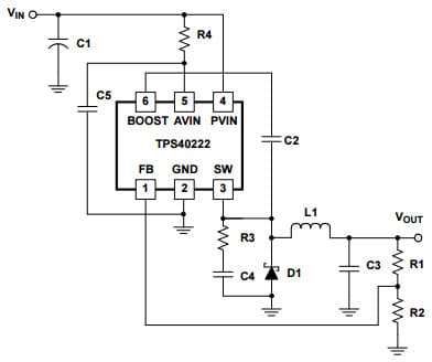 Typical Application Circuit for TPS40222, 1.6A, 1.25Mhz Buck Converter with AVIN Filter and SW Node Snubber