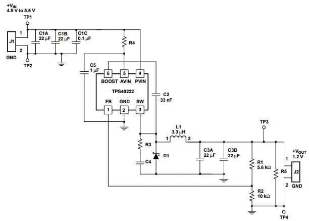 Typical Application Circuit for TPS40222, 5-VIN, 1.2-VOUT DC to DC Buck Converter