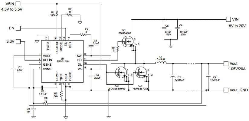 Typical Application Circuit for TPS51219, 1.05V/20A, D-CAP2, 500-kHz Synchronous Step-Down Controller for Sensing Application