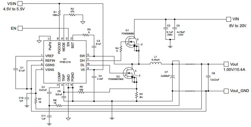 Typical Application Circuit for TPS51219, 1.00V/10.4A, D-CAP 400-kHz Synchronous Step-Down Controller for Resistor Sensing Application