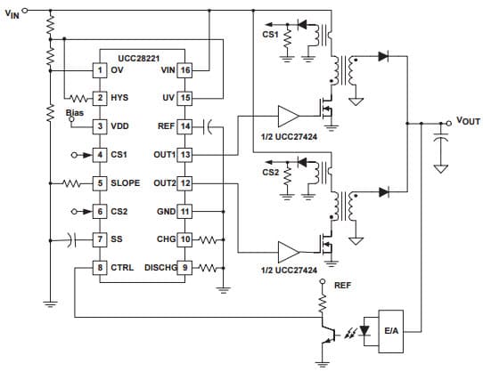 Typical Interleaved Flyback Application Circuit Using the UCC28221 Interleaved Dual PWM Controller with Programmable Max Duty Cycle