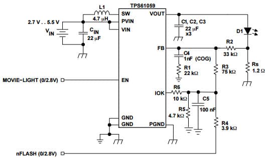 Typical Application for TPS61058 Synchronous Boost Converter with Down Mode High-Power White LED Driver for 150mA Movie-Light/600 mA Flashlight Application - 2.8 V Logic