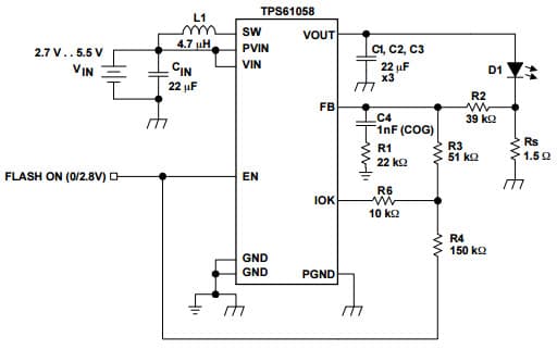 Typical Application for TPS61058 Synchronous Boost Converter with Down Mode High-Power White LED Driver for 500mA Flashlight Application - 2.8 V Logic