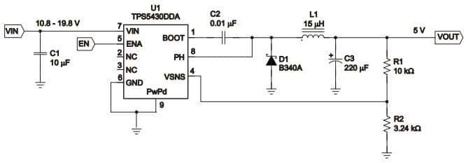 Typical Application Circuit at 12V to 5V for TPS5430 3A Wide-Input-Range Step-Down SWIFT Converter