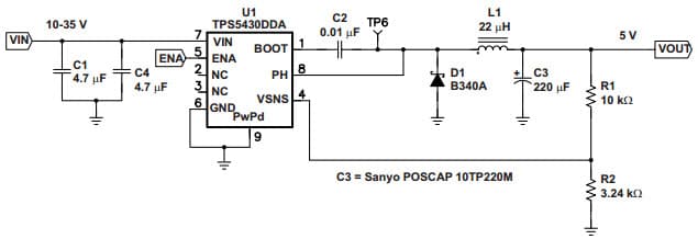 Typical 10V to 35V Input to 5V Output Application Circuit for TPS5430 3A Wide-Input-Range Step-Down SWIFT Converter