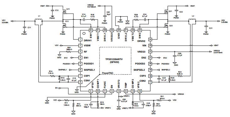 Typical Application Circuit for TPS51220A Current Mode, DCR Sensing at 5-V/8-A, 3.3-V/8-A, 330-kHz