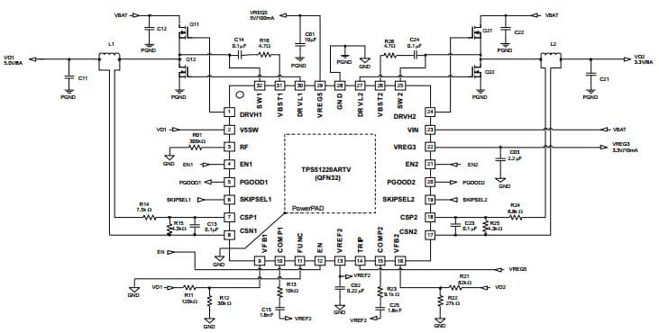 Typical Application Circuit for TPS51220A Current Mode (Non-Droop), DCR Sensing at 5-V/8-A, 3.3-V/8-A, 330-kHz