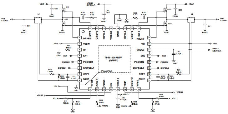 Typical Application Circuit for TPS51220A D-CAP Mode, DCR Sensing at 5-V/8-A, 3.3-V/8-A, 330-kHz