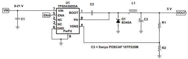 Typical 9V to 21V Input to 5V Output Application Circuit for TPS5430 3A Wide-Input-Range Step-Down SWIFT Converter