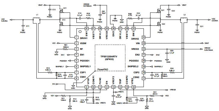 Typical Application Circuit for TPS51220A Current Mode, DCR Sensing at 5-V/5-A, 3.3-V/5-A, 300-kHz