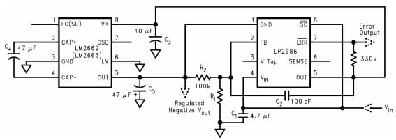 Typical Application Circuit for Combining LM2662 with LP2986 to Make a Negative Adjustable Regulator