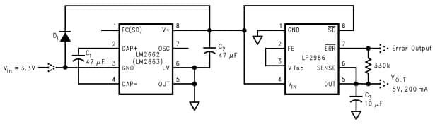 Typical Application Circuit for LM2662 Switched Capacitor Voltage Converter for Generating +5 V From +3.3 V Input Voltage