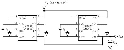 Typical Application Circuit for LM2662 Switched Capacitor Voltage Converter for Lowering Output Resistance by Paralleling Devices