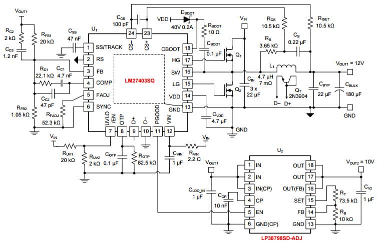 Typical Application Circuit for LM27403 Regulated 12-V Rail with LDO Low-Noise Auxiliary Output for RF Power