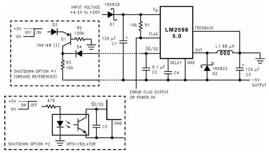 Typical Application Circuit for LM2598 Inverting -5V Regulator with shut-down and Soft-start