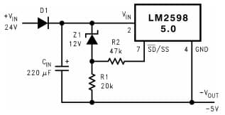 Typical Application Circuit for LM2598 Under voltage Lockout with Hysteresis for an Inverting Regulator