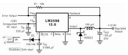 Typical Application Circuit Using shut-down/Soft-start and Error Flag Features for LM2598 Simple Switcher Power Converter, 1A Step-Down Fixed Output Voltage Versions Regulator