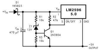 Typical Application Circuit for LM2596 Under voltage Lockout with Hysteresis for Inverting Regulator