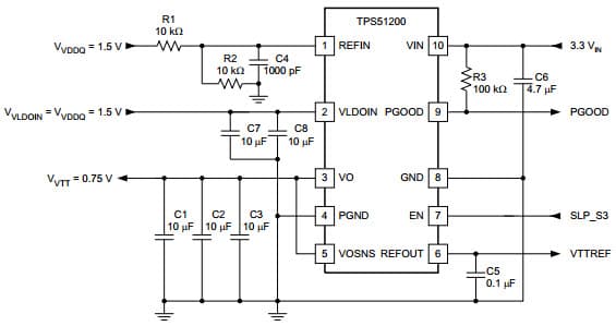 Typical Application at 3.3Vin, DDR3 Configuration for TPS51200-Q1 Sink/Source DDR Termination Regulator