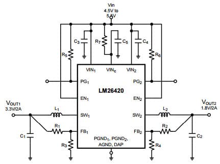 Typical Application Circuit for LM26420X, 2.2MHz, VIN = 5V, Vout1 = 3.3V @ 2A and Vout2 = 1.8V @ 2A High Frequency Synchronous Step-Down DCDC Regulator