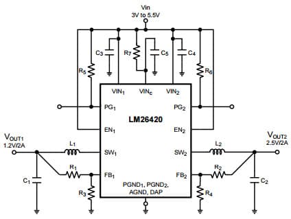 Typical Application Circuit for LM26420X, 2.2MHz, VIN = 5V, Vout1 = 1.2V @ 2A and Vout2 = 2.5V @ 2A High Frequency Synchronous Step-Down DCDC Regulator