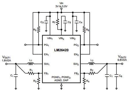 Typical Application Circuit for LM26420Y, 550 kHz, VIN = 5V, Vout1 = 1.8V @ 2A and Vout2 = 0.8V @ 2A High Frequency Synchronous Step-Down DCDC Regulator