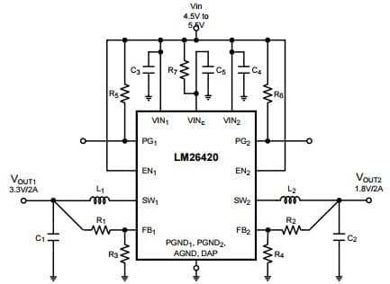 Typical Application Circuit for LM26420Y, 550kHz, VIN = 5V, Vout1 = 3.3V @ 2A and Vout2 = 1.8V @ 2A High Frequency Synchronous Step-Down DCDC Regulator