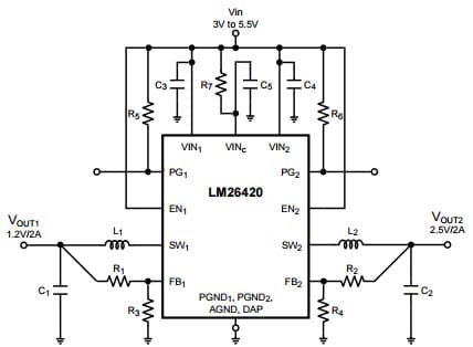 Typical Application Circuit for LM26420Y, 550kHz, VIN = 5V, Vout1 = 1.2V @ 2A and Vout2 = 2.5V @ 2A High Frequency Synchronous Step-Down DCDC Regulator