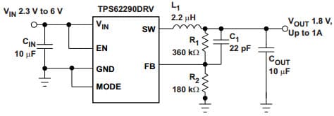 Typical Application Circuit for TPS62291 1A, Adjustable 1.8V Output Voltage Step Down Converter