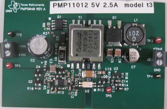 PMP11012, High Density Isolated 18-60 Vin, 5V, 2.5A Flyback Using Standard PoE Transformer Reference Design