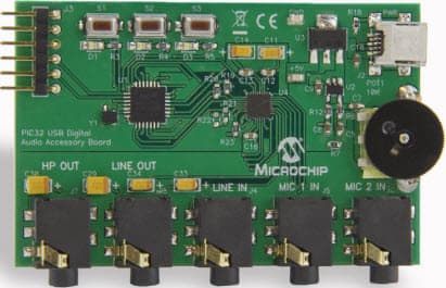 DM320014, PIC32 USB Digital Audio Accessory Board showcases a 16/24-bit quality digital stereo audio development platform using the PIC32 microcontroller