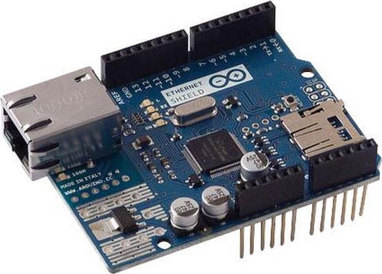 A000056, Arduino Ethernet Shield which allows an Arduino board to connect to the internet based on the WizNET W5100 Ethernet chip