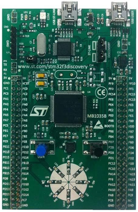 STM32F3DISCOVERY, Evaluation Board based on STM32F303VCT6 Microcontroller featuring 256 KB Flash, 48 KB RAM in an LQFP100 package