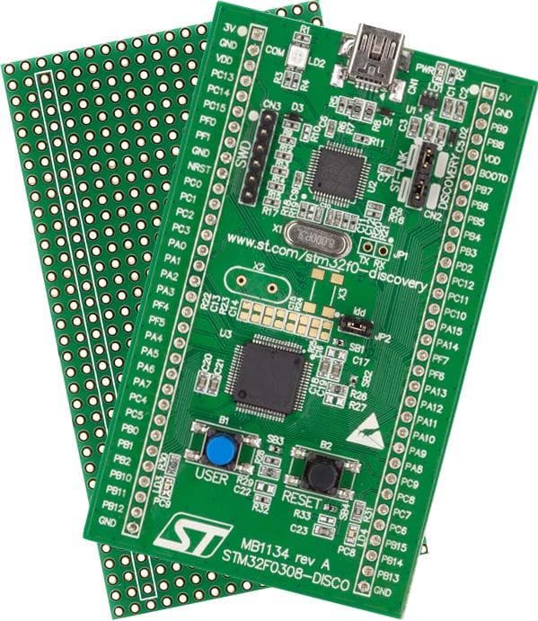 STM32F0308-DISCO, Demonstration Board for STM32F030R8T6 microcontroller featuring 64 KB of Flash memory, 8 KB of RAM in an LQFP64 package