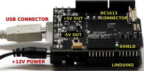 DC2467A, Demo Board Using LTC2970 Dual Power Supply Monitor Linduino Shield with LTC3604 and LT3581 Regulators