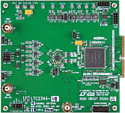 DC2520A-B, Demo Board Based on LTC2344-16 Quad, 16-Bit, 400ksps Differential ±5V Input SoftSpan ADC with Wide Input Common Mode Range