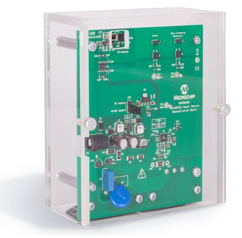 MCP39F521, Power Monitor Demonstration Board is a fully functional I2C Bus Single-Phase Power and Energy Monitoring System