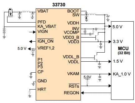 Typical Application for MCZ33730 - 33730 Switch Mode Power Supply with Multiple Linear Regulator