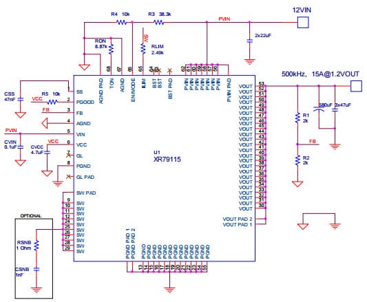 XR79115EVB, Evaluation Board for XR79115 22V, 15A Synchronous Step Down COT Power Module