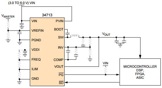 Typical Application Circuit for MC34713EP/R2 34713 5-A, 1-MHz Fully Integrated Single Switch-Mode Power Supply