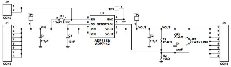 ADP7118CP-EVALZ, SOIC Evaluation Board for Evaluating the ADP7118 20V, 200mA Low Noise, CMOS LDOs